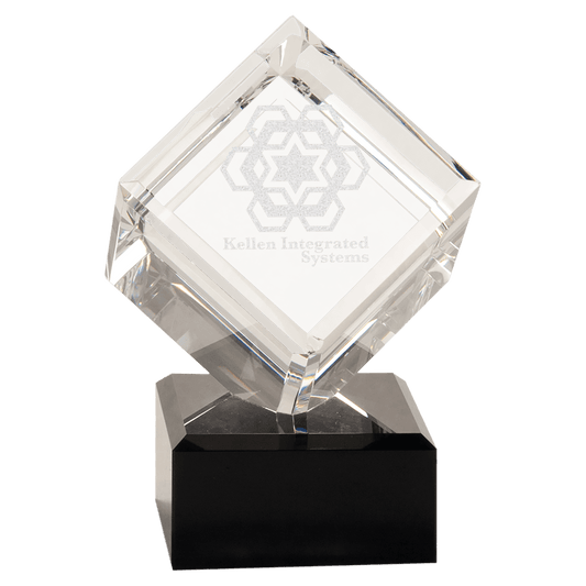 Clear Crystal Cube on Black Pedestal Base